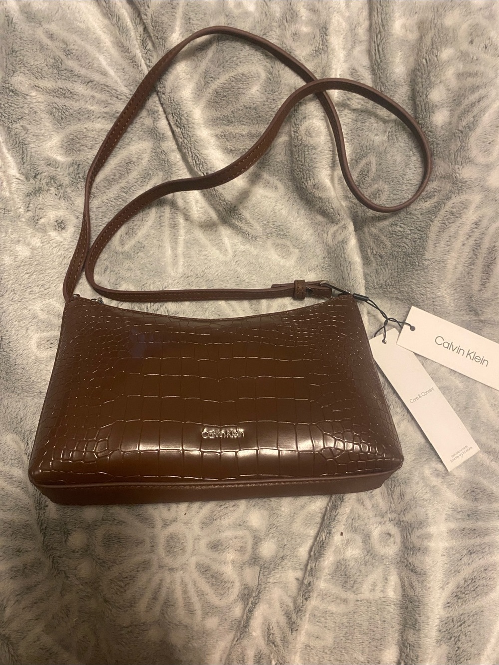 Calvin Klein Croc-Embossed Dark Brown Crossbody Bag